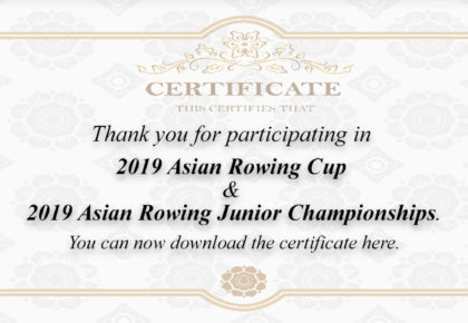 A Certificate of 2019 Asian Rowing Cup, 2019 Asian Junior Championships, and 2019 Asian Rowing Masters Regetta